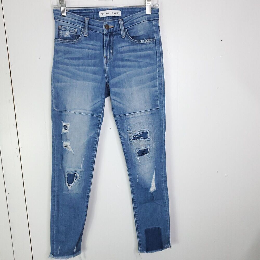 Flying Monkey Jeans Womens 25 Patchwork Skinny Asymmetrical Raw Hem Distressed